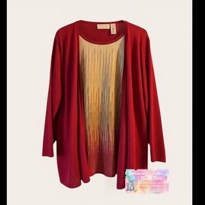 Alfred Dunner Womens 2X Red Gold Metallic 2 Piece Cardigan Shell Sweater Set
